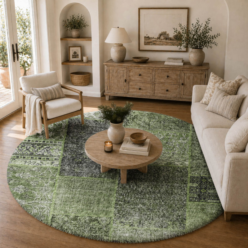 Tapis à poil long de qualité supérieure lavable à la machine ADS669, Olive, Rond 8 pi