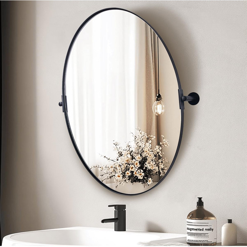  Miroir de salle de bain mural inclinable | Cadre pivotant réglable en acier inoxydable, Noir mat, 32 po x 24 po