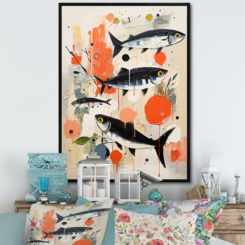 Jadvyga " Abstract Seafood Representation Acrylic ", Black Floater Framed, 32" H x 24" W x 1" D