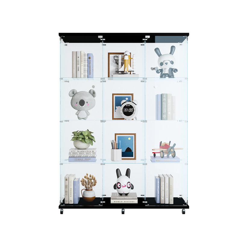 3 portes en verre trempé noir - exposition d'œuvres d'art, de figurines, d'armoire de rangement à 4 couches, de décorations, de poupées et d'objets de collection