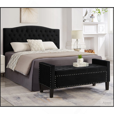 Upholstered Tufted Button Storage Bench with nails trim,Entryway Living Room Soft Padded Seat with Armrest,Bed Bench-Black