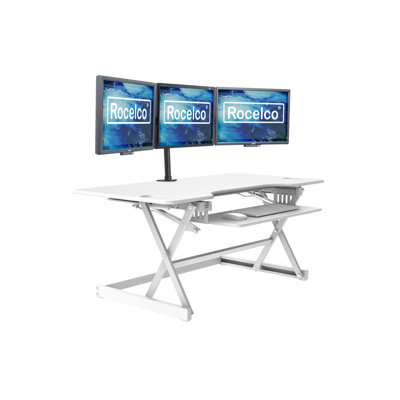 Rocelco 31.5 in. Gray Standing Desk Converter with Dual Monitor Mount Riser, Tablet Holder and Deep Keyboard Tray Platform