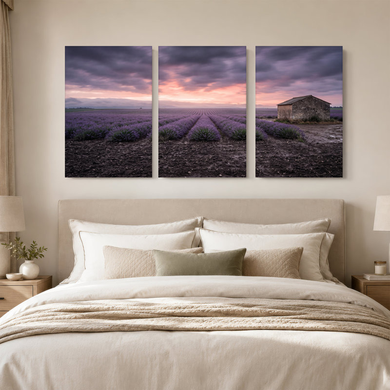 Ensemble de 3 toiles mauves lavande mauve menant à une grange en pierre, H 30 po x l 20 po x 3 pièces