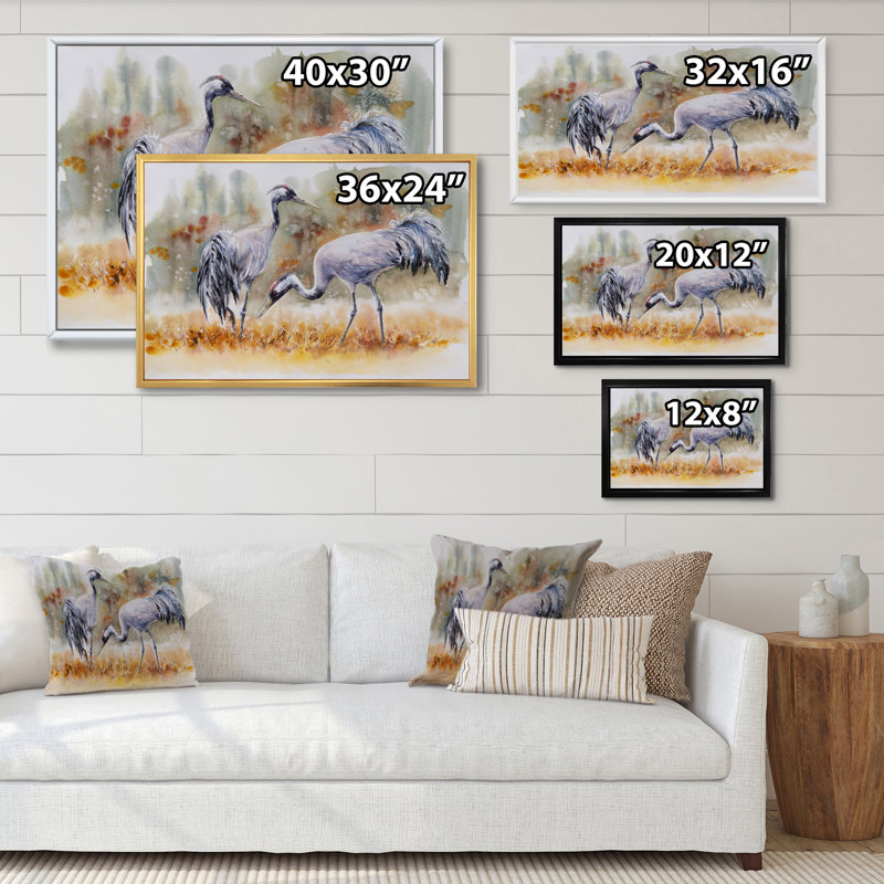 «Two Cranes in the Meadows», reproduction sur toile flottante, Cadre noir, H 30 po x l 40 po x P 1,5 po