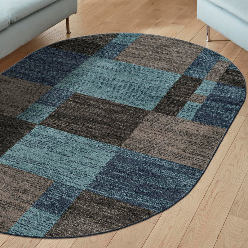 Hareld Geometric Navy/Brown/Gray Area Rug, Oval 4'1" x 6'1"