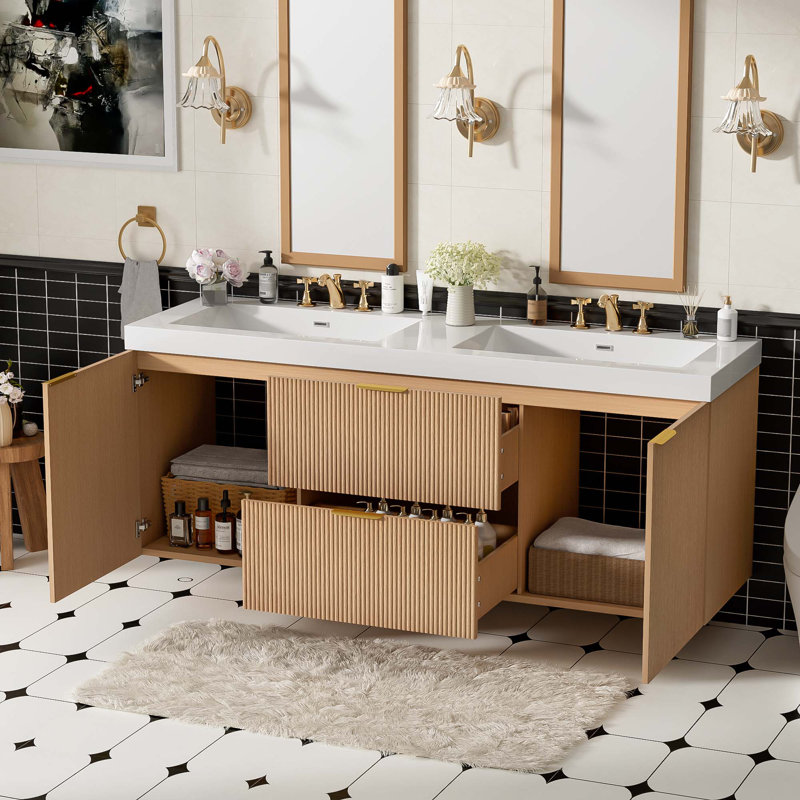 Meuble-lavabo mural double 59,3 po avec plateau en résine SMC, Brown