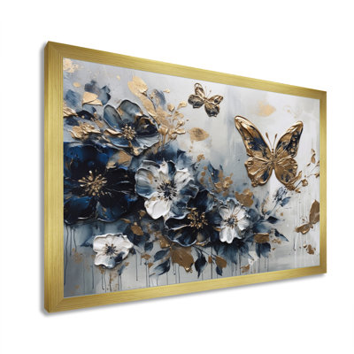 «Ryllie Golden Blue Butterfly Wings And Flowers IV», reproduction sur toile