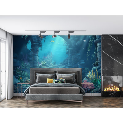 Underwater Ruins Wallpaper – Sunlit Ocean Floor Wall Mural With Ancient Steps And Coral Reef