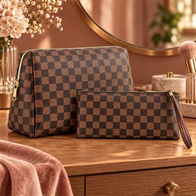 Ensemble de 2 trousses de maquillage en cuir de polyuréthane à carreaux, pochette de voyage imperméable, grand et petit organisateur de toilette pour femme