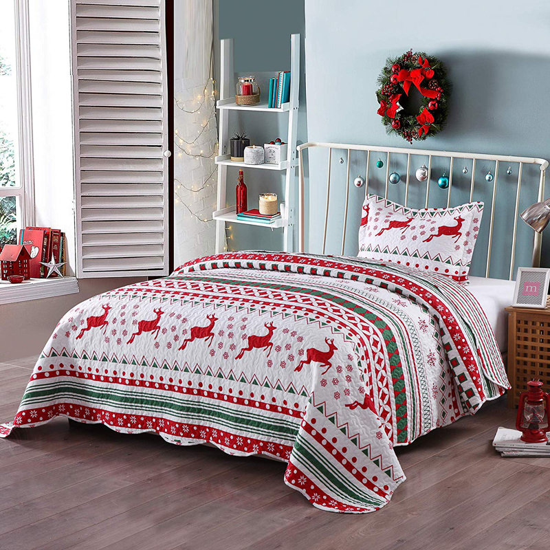 Christmas Snowflake Rustic Polyester Striped Quilt, Twin Quilt + 1 Sham