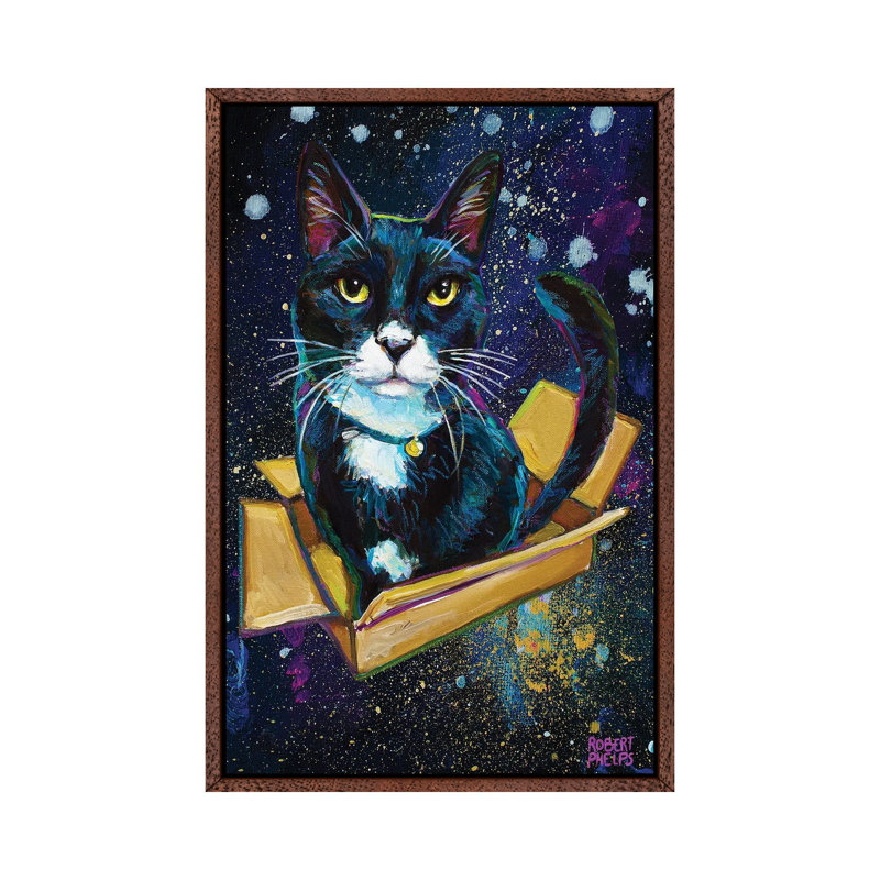 Galactic Tuxedo Kitty by Robert Phelps - Floater Frame Print on Canvas, 66.04 cm H x 45.72 cm W, Brown Framed Canvas