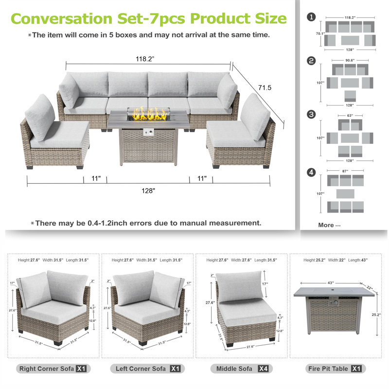 Ensemble de conversation modulaire en osier / rotin pour 6 personnes avec coussins, Brun clair