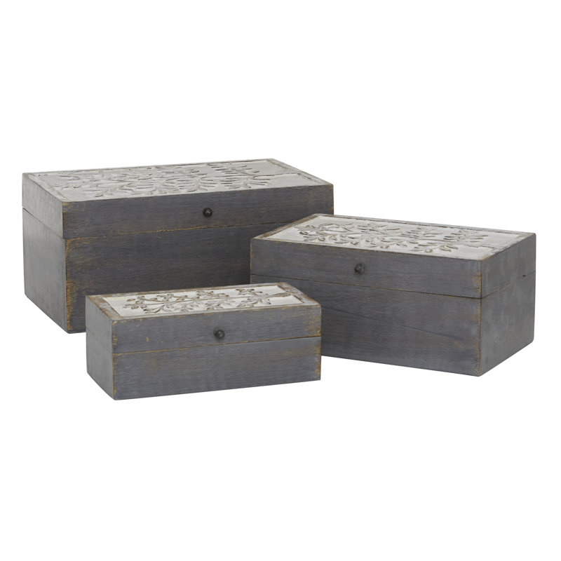 Wood Floral Decorative Gray Box with Hinged Lid Set