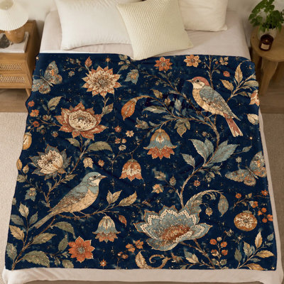 Couverture vintage à motif floral et oiseaux (1 pièce) – Design botanique élégant ; jeté douillet pour divan, lit et fauteuil ; élément décoratif pour le salon et la chambre à coucher ; chaude et confortable en toutes saisons ; entretien facile ; utilisation polyvalente ; une charmante pièce de décoration intérieure.