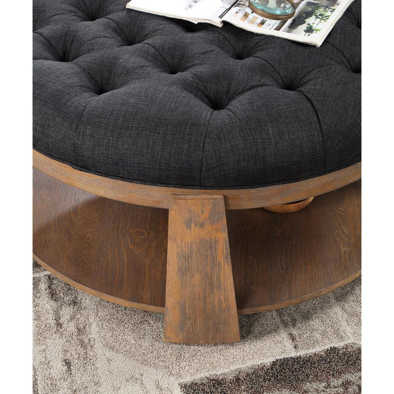 Repose-pieds avec capitonnage profond Tablette ouverte | Gris transitionnel transitionnel / Aspect lin | Noyer brun | Bois massif