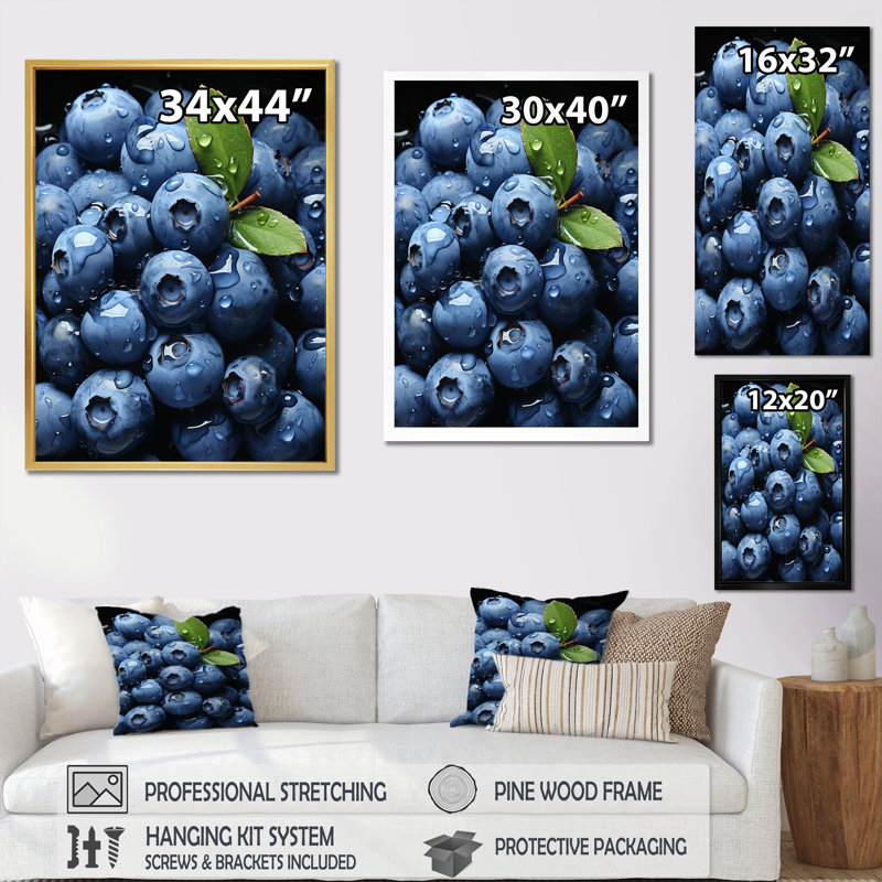 «Fruit Plump Blueberry Pointillism», reproduction d'art sur toile, H 44 po x l 34 po x P 1,5 po, Encadrement doré