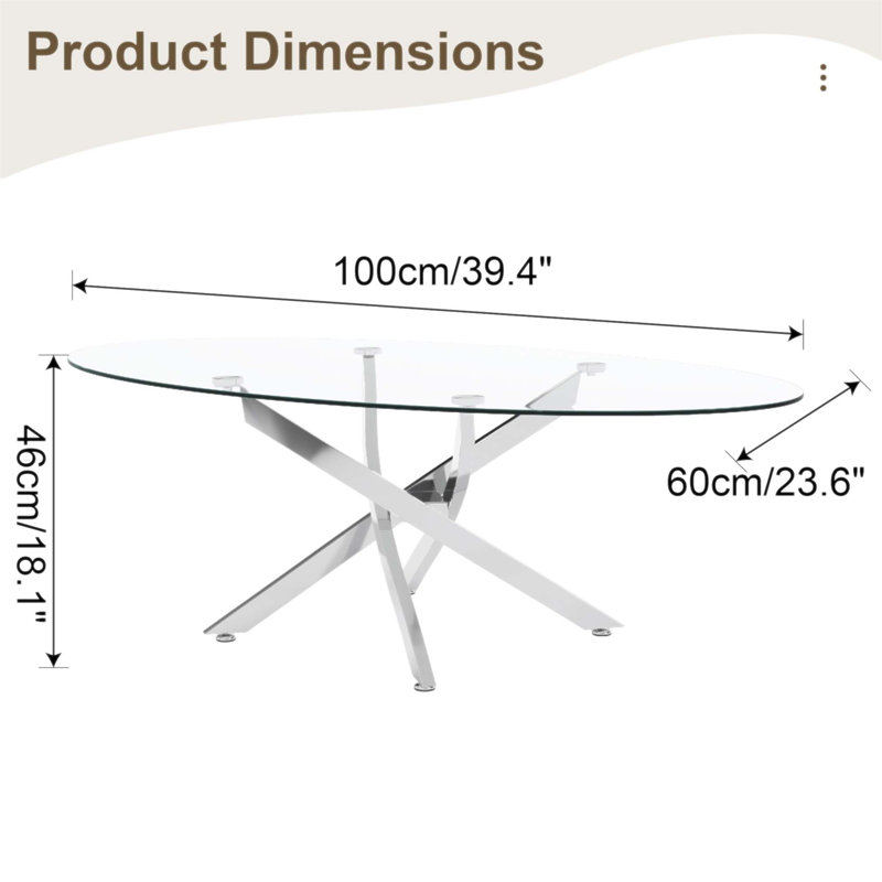 Table basse OVAL avec verre trempé de 8 mm et pieds argentés, moderne et durable pour le salon, Transparent / argent antique