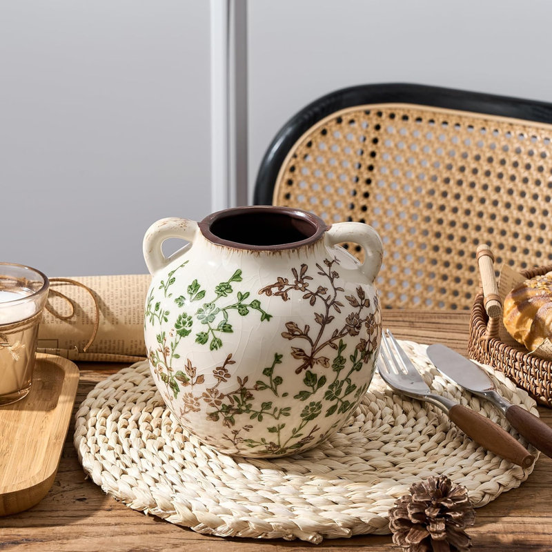 Vase en céramique rustique de 5,8 po: décor floral chinois pour tablette et table