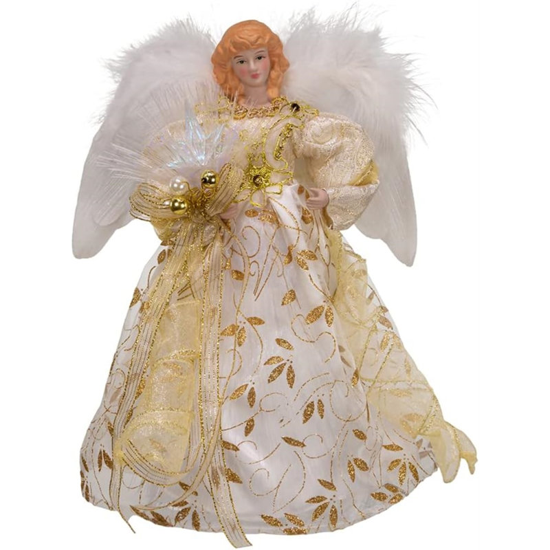 Elegant Gold and White Angel Tree Topper with Feather Wings