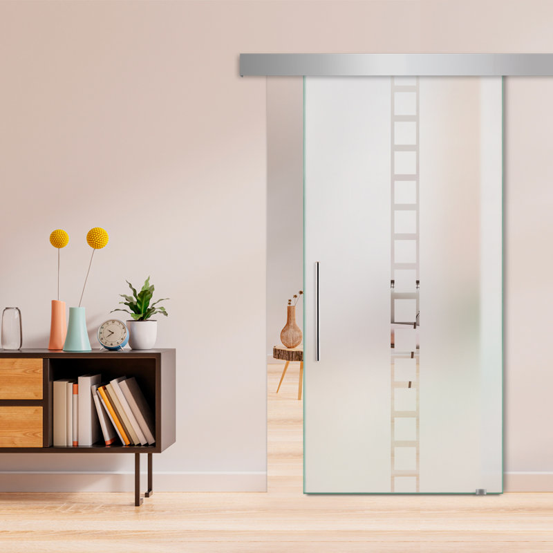 Porte de grange coulissante en verre sans cadre avec design moderne givré + ensemble de quincaillerie (semi-privée)