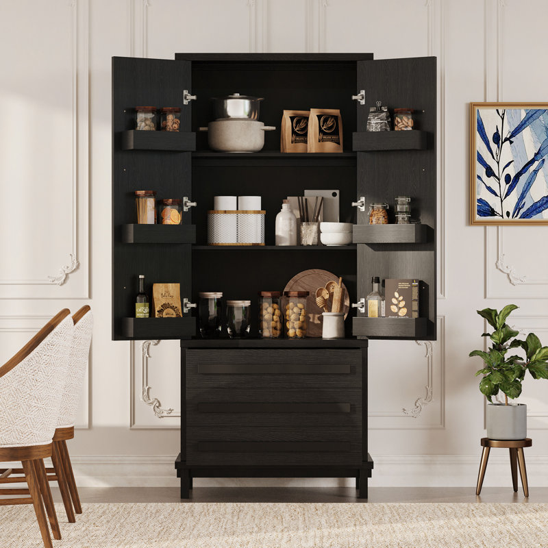 Armoire de cuisine 70 "avec 2 tablettes d'armoire, armoire de luxe en bois avec 6 tablettes de porte et 3 tiroirs pour la cuisine, la salle à manger, noir