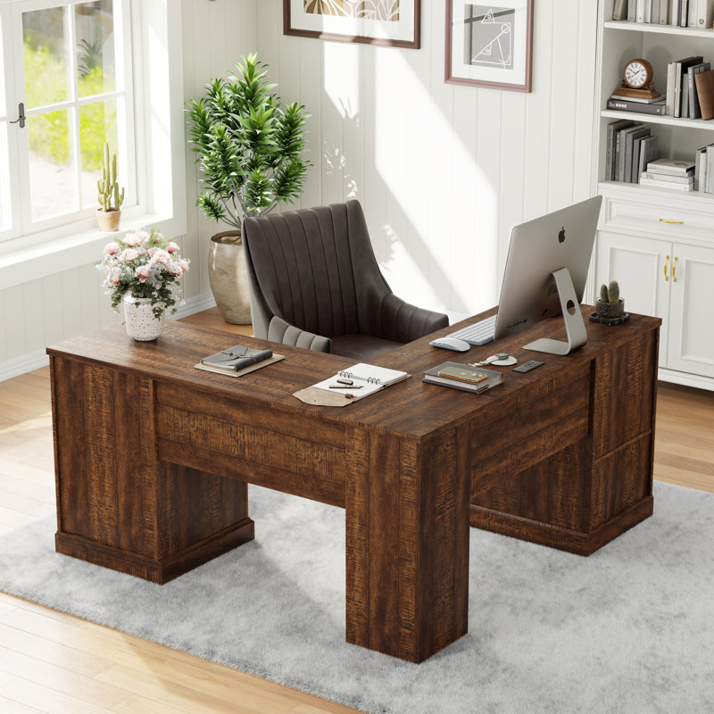 60" Farmhouse L Shaped Executive Desk With Drawers,Wood Home Office Corner Desk With Charging Station, Brown