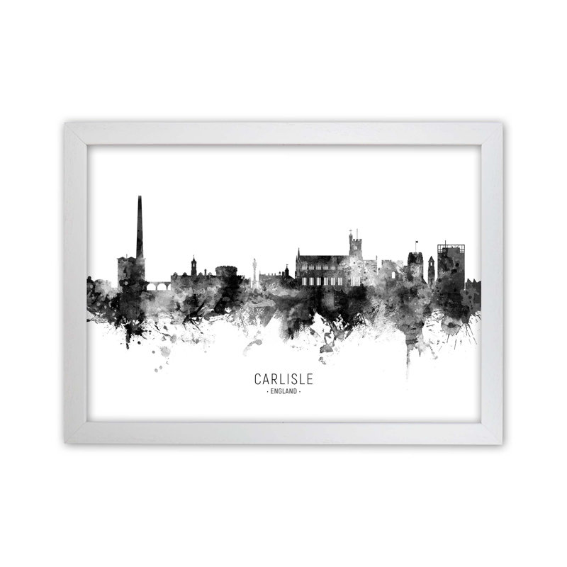 Carlisle England Skyline Black White City Name by Michael Tompsett - Print, 34cm H x 46cm W x 3cm D, White Framed