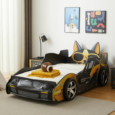 Kids Twin Car Bed, Cartoon Dog Racer Themed Wood Platform Frame with LED Lights & Wheels, Black-Yellow