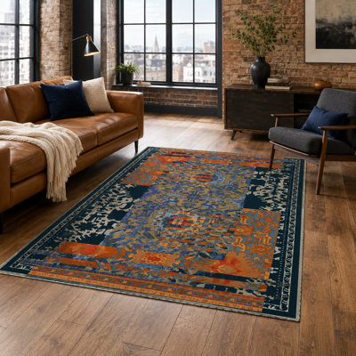Netline Home Cool Medallion Indigo Blue Traditional Washable Rug