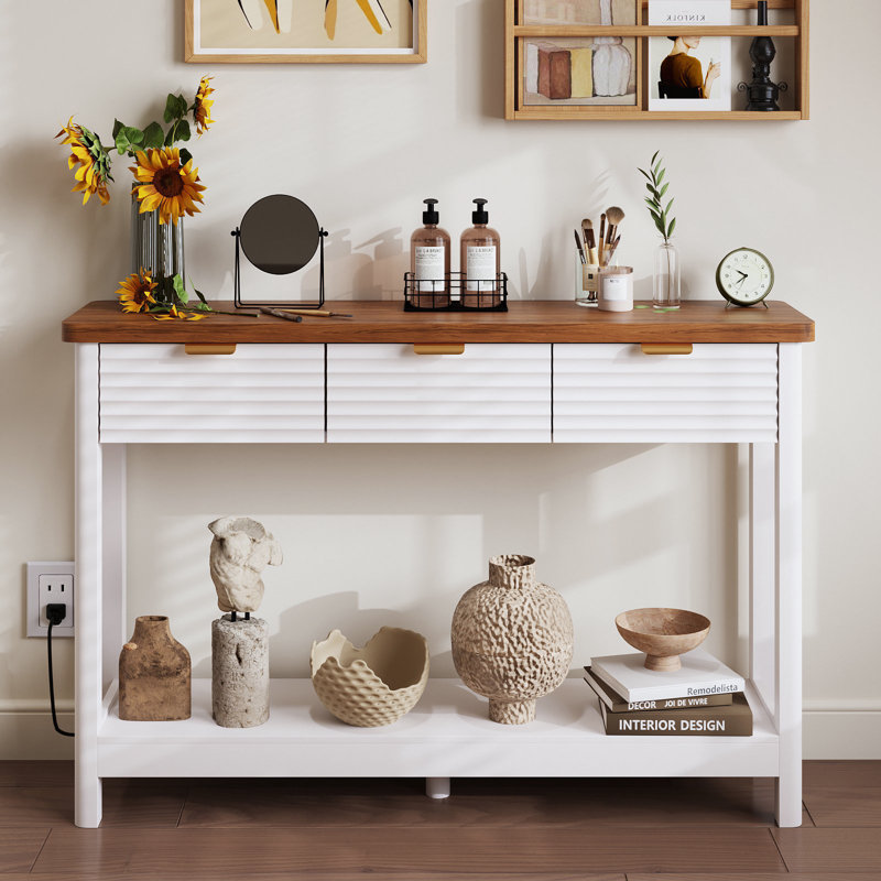 47" Console Table With Storage, Fluted Foyer Table With Charging Station, Wooden 3 Drawers Sofa Table With Open Shelf, Behind Couch Table For Living Room, Hallway