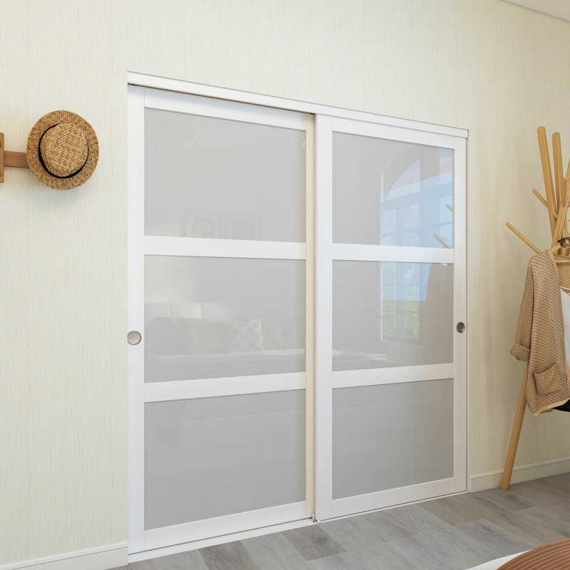 60"X80" 3-Lite Vinyl Wrapped White Painted Glass Solid Core Sliding Closet Doors With Hardware Kit(Pre-Assembled Door)