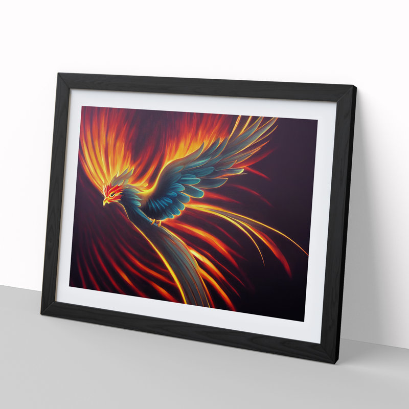 Explosive Phoenix Bird - Single Picture Frame Print, 46cm H x 64cm W x 2cm D, Black