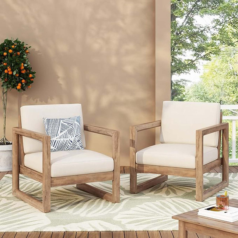 Set of 2, Outdoor Acacia Wood Patio Club Chair, Wood Patio Furniture,Waterproof Thick Cushion Deep Seating for Porch, Garden, Backyard, Balcony