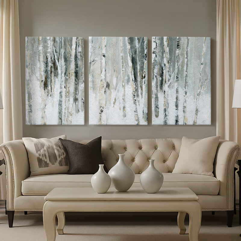 Snowy Birch I - Toile tendue avec châssis sur mesure - 3 pièces, H 27 po x l 54 po