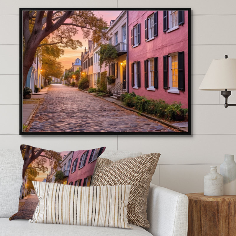 Art mural de Caroline du Sud, charme historique de Charleston, 16" H x 32" W, Cadre flottant noir