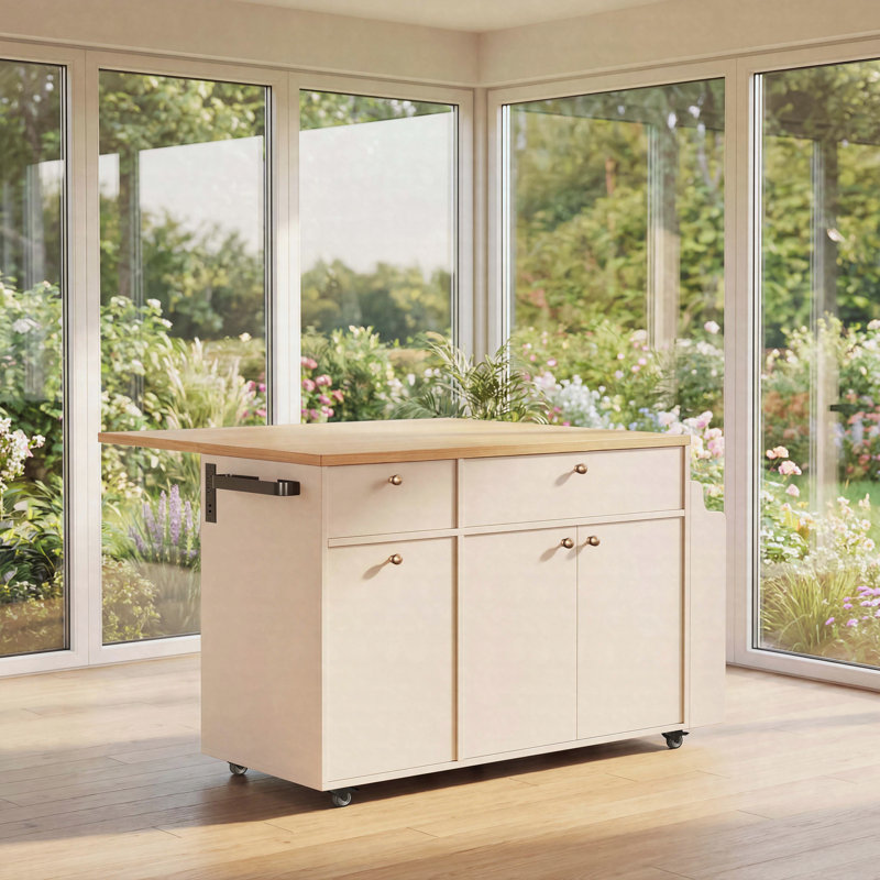 Kitchen Island with Storage Rolling Kitchen Island Cart with Drop Leaf Extension, Natural wood Top, Drawers, Spice Rack, Towel Bar, Mobile Kitchen Cart for Kitchen & Dining Room, White