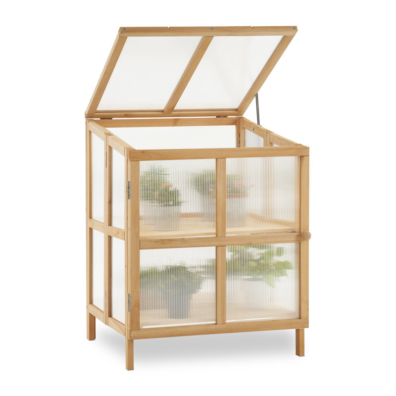Natural Fir Wood 2-Tier Foldable Greenhouse with Polycarbonate Panels