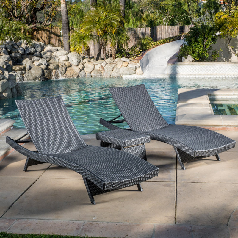 East Village Outdoor Wicker Chaise Lounge Set with Table, Gray