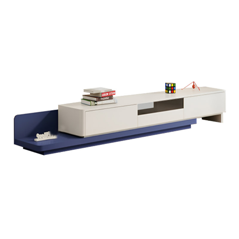 Meuble télé moderne en bois rétractable, Crème/bleu, H 11,81 po x L 78,74 po x l 15,75 po