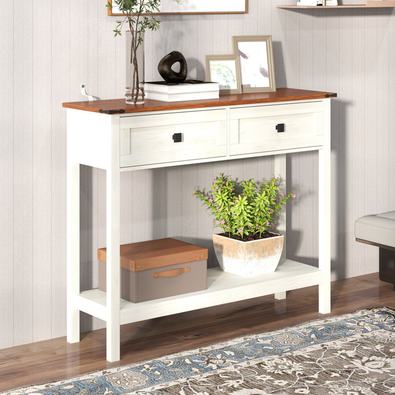 Farmhouse Style Console Table With 2 Drawer And Bottom Storage Shelf For Entryway, Rustic Side Table With Storage Drawer And Shelf For Living Room, Hallway
