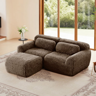 L-Shaped Boneless Sofa,Soft Fluffy Plush Fabric,With Chaise 32D High Density Sponge,No Assembly Required,Ergonomic Design Bottom Anti-Slip Design,With Throw Pillows,Fits Bedrooms