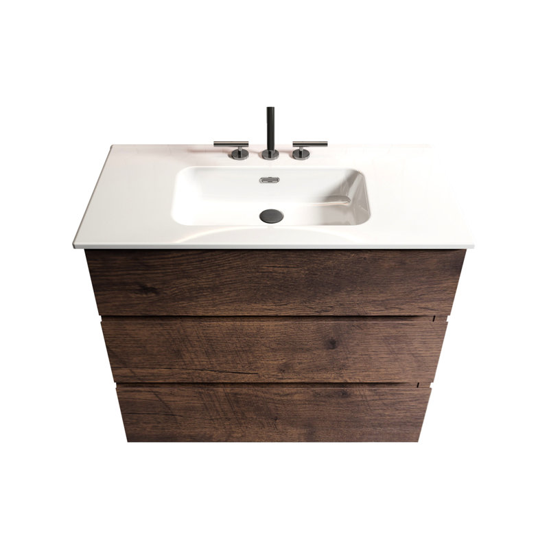 Meuble-lavabo en noyer avec lavabo - capacité de rangement maximale, lisse et silencieuse, lavabo blanc, pré-assemblé, autoportant, robinet sans drain 36 po, grand rangement, ou bonde, poignée ergonomique