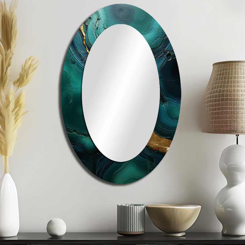 Spiritual Stone Malachite Renewal - Large Oval Wall Mirror On Metal, 36" H x 24" W