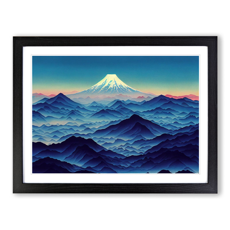 Flowing Japanese Mountains - Single Picture Frame Print, 46cm H x 64cm W x 2cm D, Black