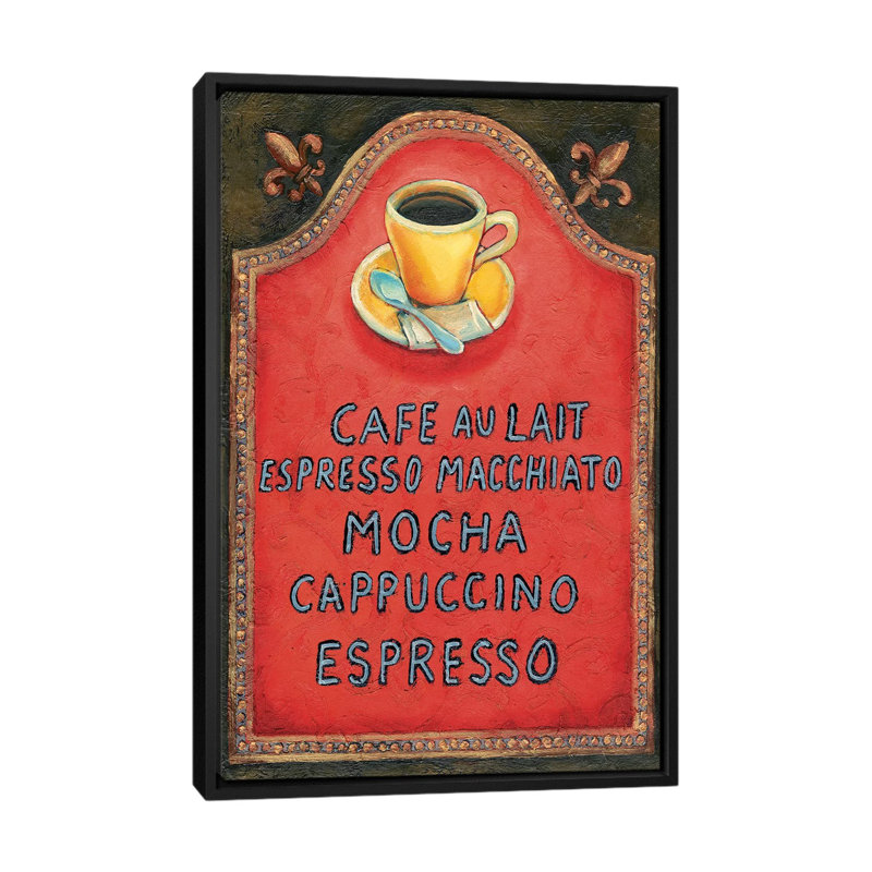 «Cafe», art textuel sur toile tendue, H 26 po x l 18 po x P 1,5 po, Toile encadrée noire, Pas de tapis