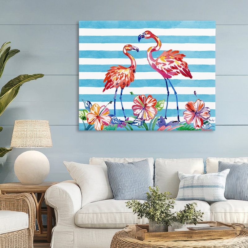 Flamants brossés et toile d'hibiscus, design par Paul Brent, H 36 po x l 48 po