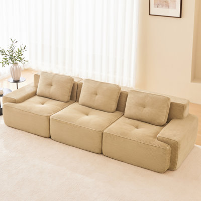 Canapé modulaire surdimensionné en velours côtelé de 117 po de conception ergonomique, connexion par boucle, sans assemblage, base antidérapante, siège profond 3 places brun clair, incurvé, assemblage