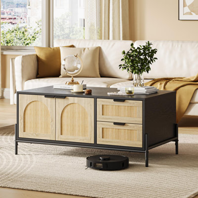 Rattan Coffee Table With LED Lights, Mid Century Modern Coffee Table With 2 Storage Drawers And 2 Arched Door