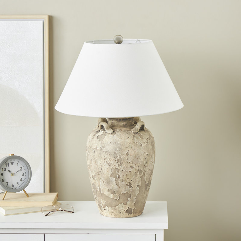 Ilana Ceramic Distressed Antique Style Textured Pot Vase Light Brown Table Lamp, White