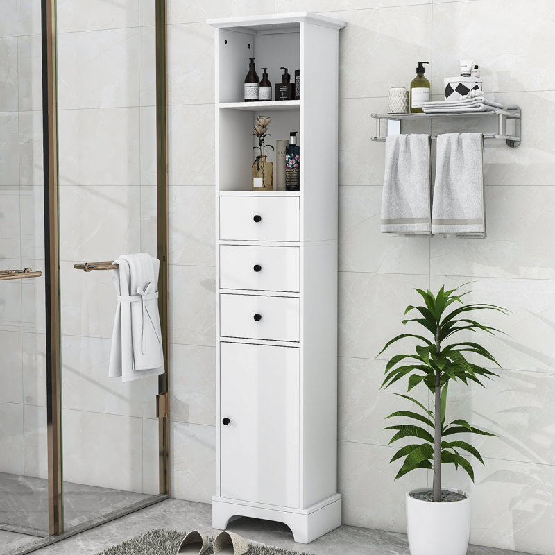 Armoire de salle de bain haute Fetah, armoire de rangement autoportante avec 3 tiroirs et tablette réglable, Blanc
